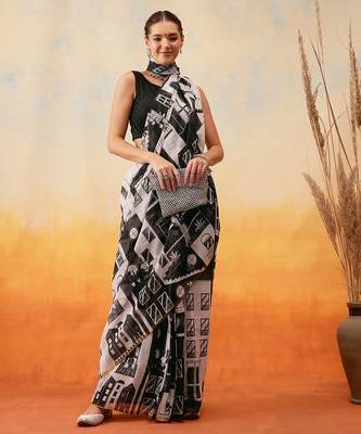 White printed cotton blend ethnic saree with blouse piece 4