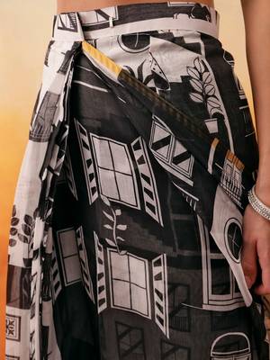 White printed cotton blend ethnic saree with blouse piece 5