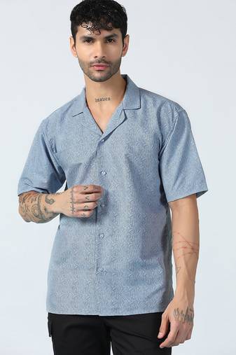 Ocean wave pattern half sleeves blue shirt