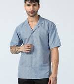 Ocean wave pattern half sleeves blue shirt