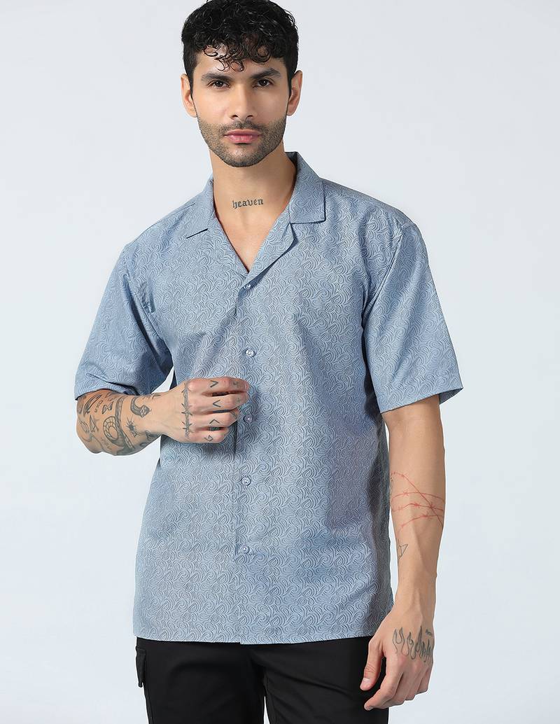 Ocean wave pattern half sleeves blue shirt