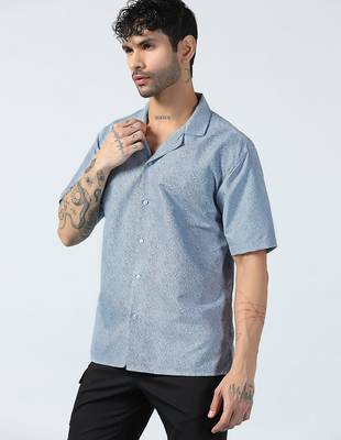 Ocean wave pattern half sleeves blue shirt 3