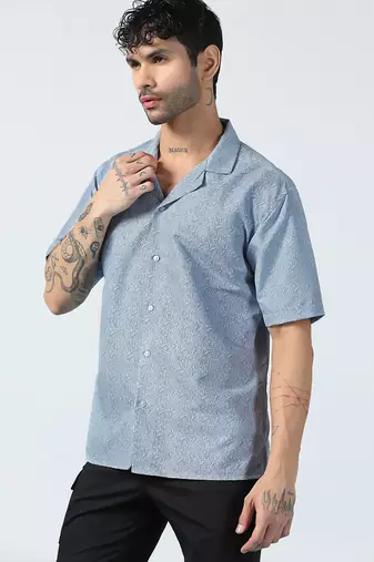 Ocean wave pattern half sleeves blue shirt