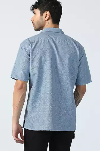 Ocean wave pattern half sleeves blue shirt