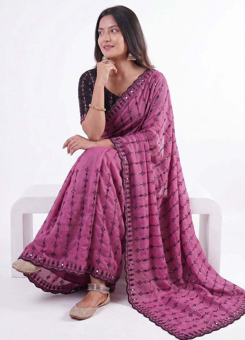 Stunning pink viscose rangoli silk saree with black embroidery and mirror work