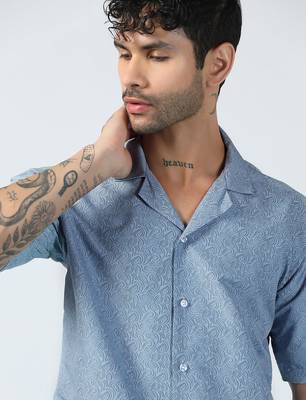 Ocean wave pattern half sleeves blue shirt 5