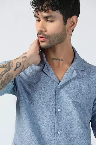 Ocean wave pattern half sleeves blue shirt