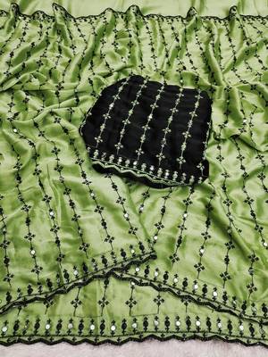 Stunning green viscose rangoli silk saree with black embroidery and mirror work 3