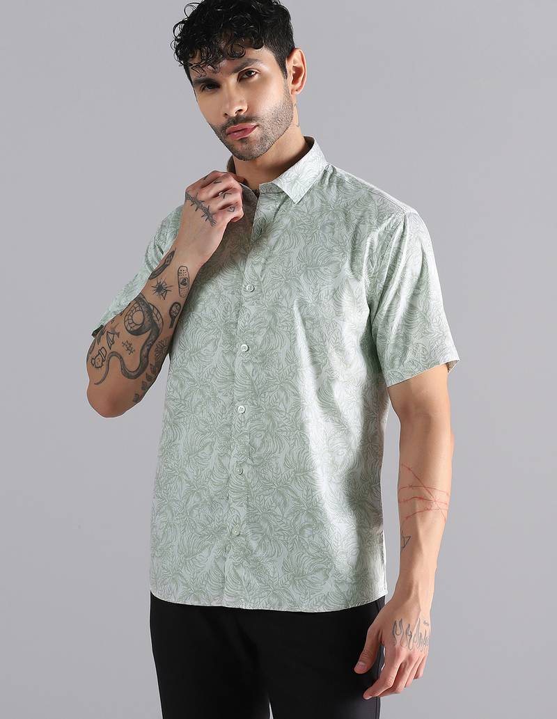 Tropical leaf printed green shirt