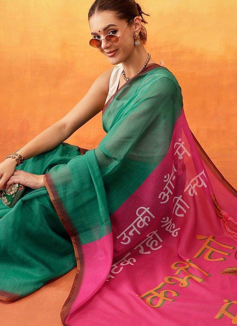 Green printed cotton blend ethnic saree with blouse piece