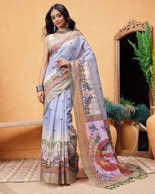 Grey printed cotton blend ethnic saree with blouse piece 2