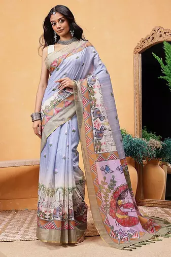 Grey printed cotton blend ethnic saree with blouse piece