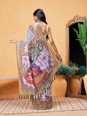 Grey printed cotton blend ethnic saree with blouse piece 3