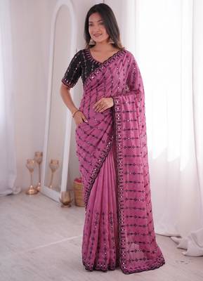 Stunning pink viscose rangoli silk saree with black embroidery and mirror work 4