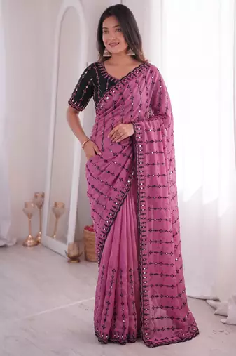 Stunning pink viscose rangoli silk saree with black embroidery and mirror work