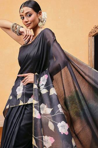 Black printed cotton blend ethnic saree with blouse piece