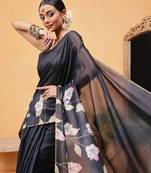 Black printed cotton blend ethnic saree with blouse piece