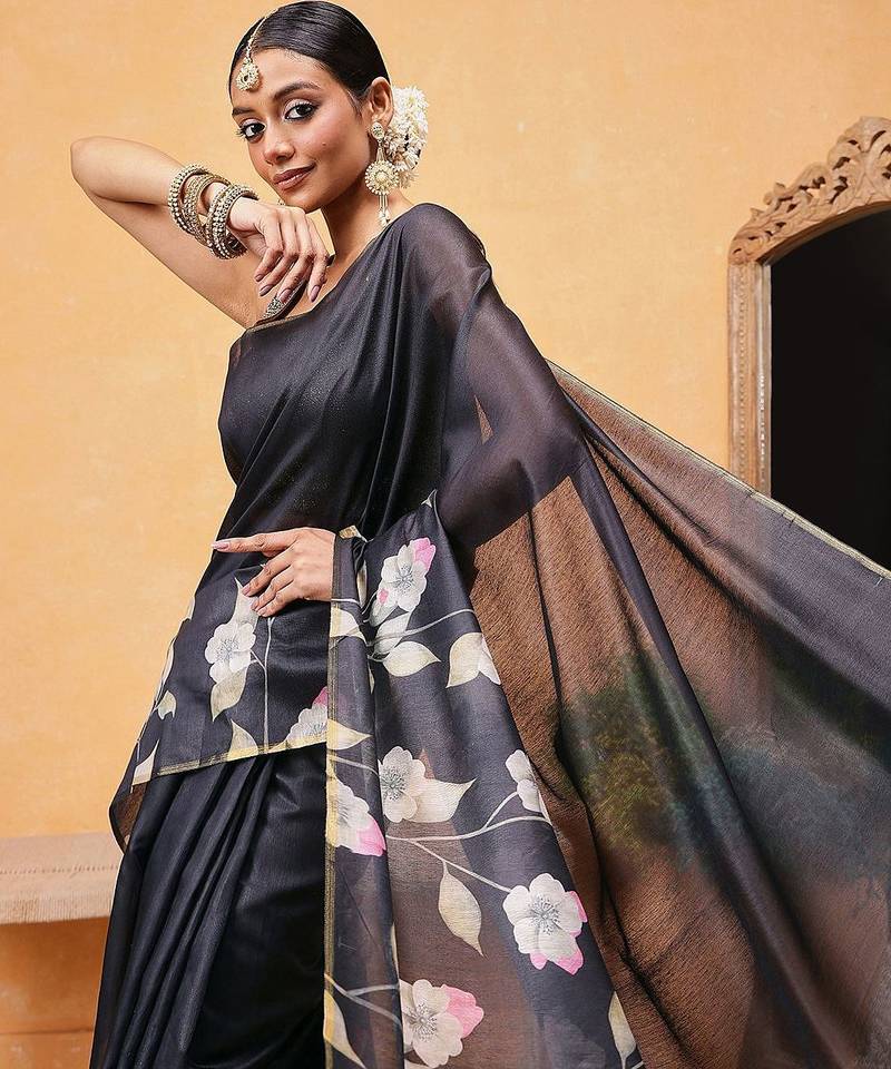 Black printed cotton blend ethnic saree with blouse piece