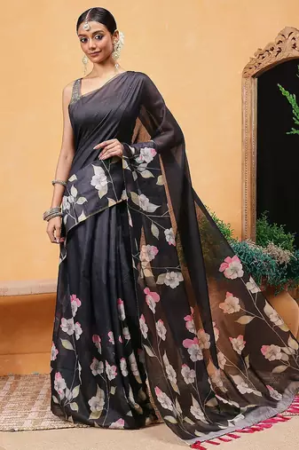 Black printed cotton blend ethnic saree with blouse piece