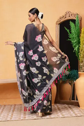 Black printed cotton blend ethnic saree with blouse piece