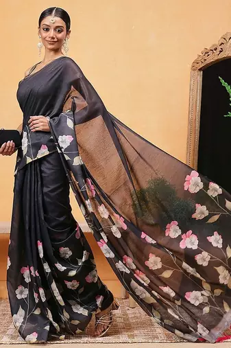 Black printed cotton blend ethnic saree with blouse piece
