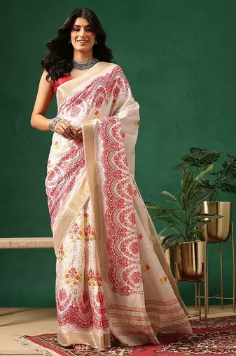 Off white printed art silk ethnic saree with blouse piece