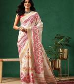 Off white printed art silk ethnic saree with blouse piece