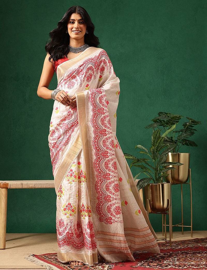Off white printed art silk ethnic saree with blouse piece