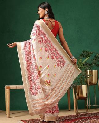 Off white printed art silk ethnic saree with blouse piece 2