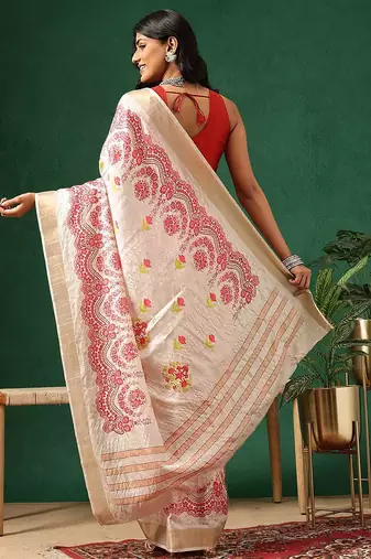 Off white printed art silk ethnic saree with blouse piece