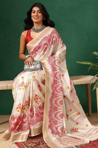 Off white printed art silk ethnic saree with blouse piece