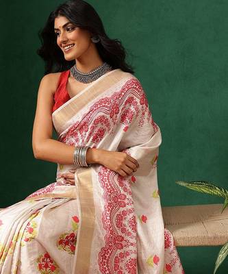 Off white printed art silk ethnic saree with blouse piece 4