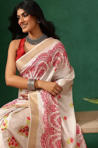 Off white printed art silk ethnic saree with blouse piece