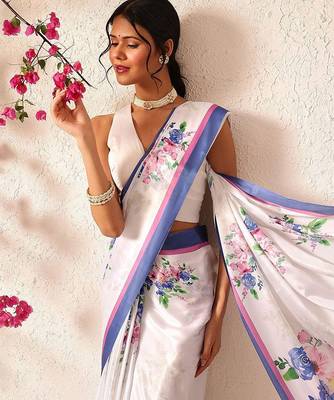 White printed satin party wear saree with blouse piece 1