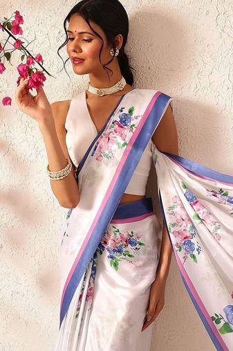 White printed satin party wear saree with blouse piece