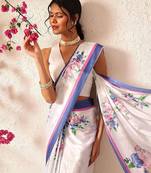 White printed satin party wear saree with blouse piece