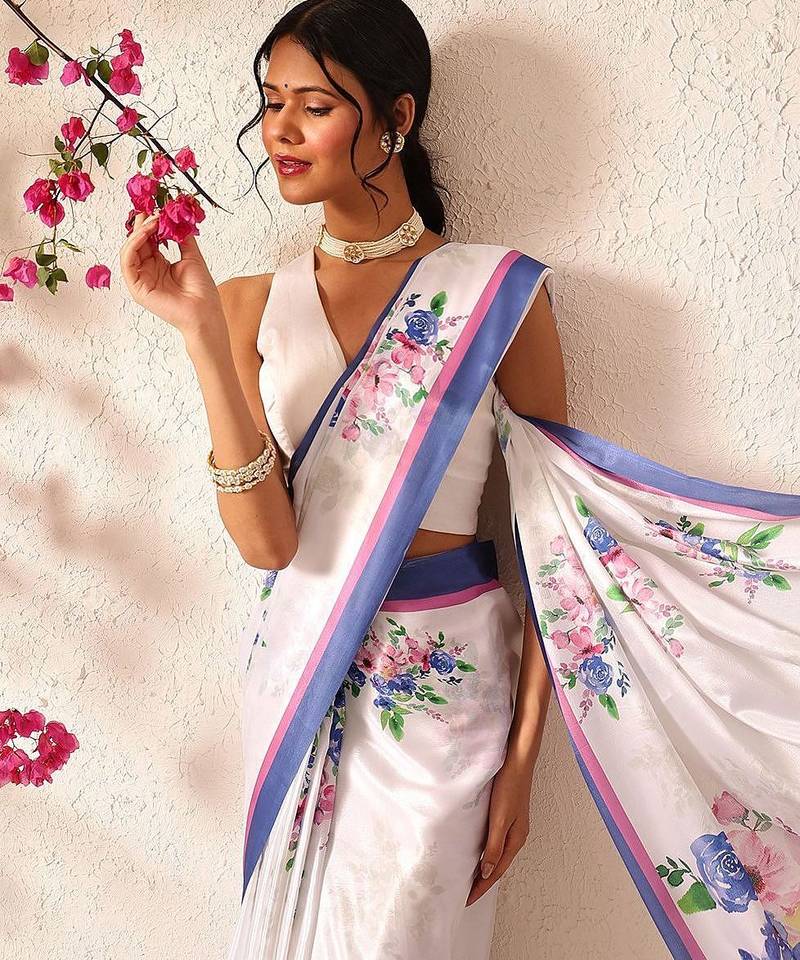 White printed satin party wear saree with blouse piece
