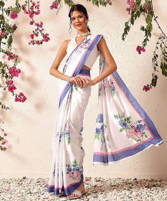 White printed satin party wear saree with blouse piece 2