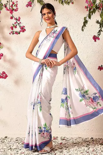White printed satin party wear saree with blouse piece