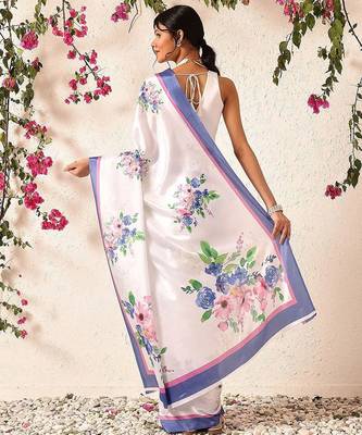 White printed satin party wear saree with blouse piece 3