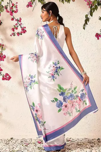 White printed satin party wear saree with blouse piece