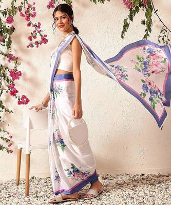White printed satin party wear saree with blouse piece 4