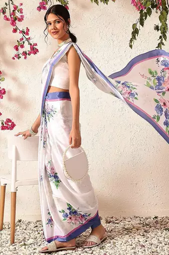 White printed satin party wear saree with blouse piece
