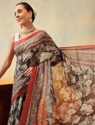 Brown printed cotton blend ethnic saree with blouse piece 1