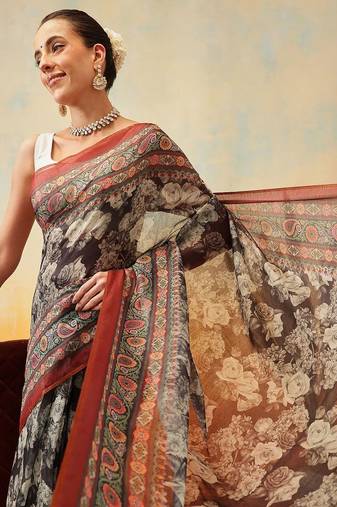 Brown printed cotton blend ethnic saree with blouse piece