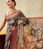 Brown printed cotton blend ethnic saree with blouse piece