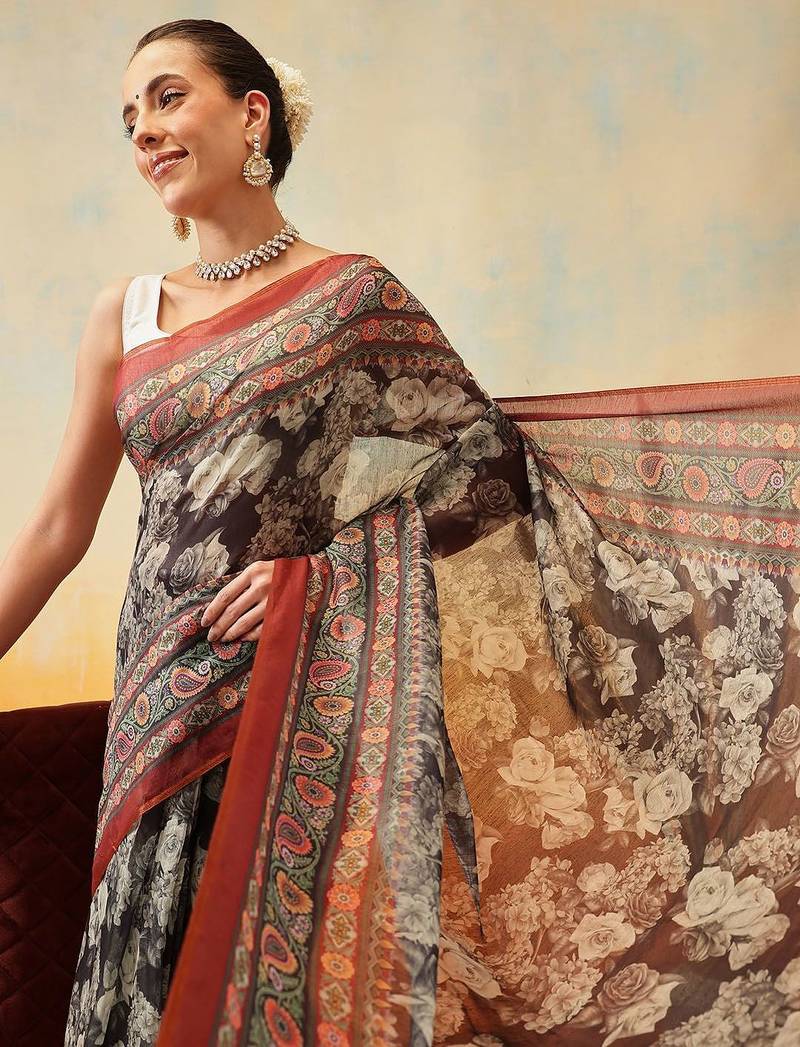 Brown printed cotton blend ethnic saree with blouse piece