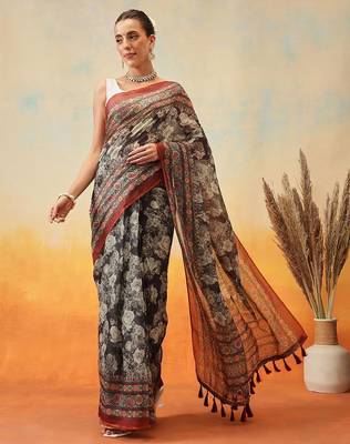 Brown printed cotton blend ethnic saree with blouse piece 2