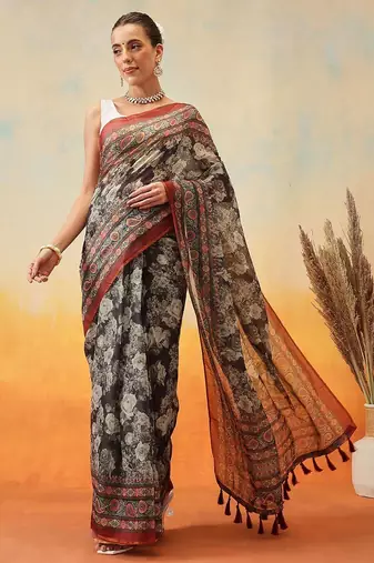 Brown printed cotton blend ethnic saree with blouse piece