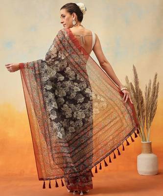 Brown printed cotton blend ethnic saree with blouse piece 3